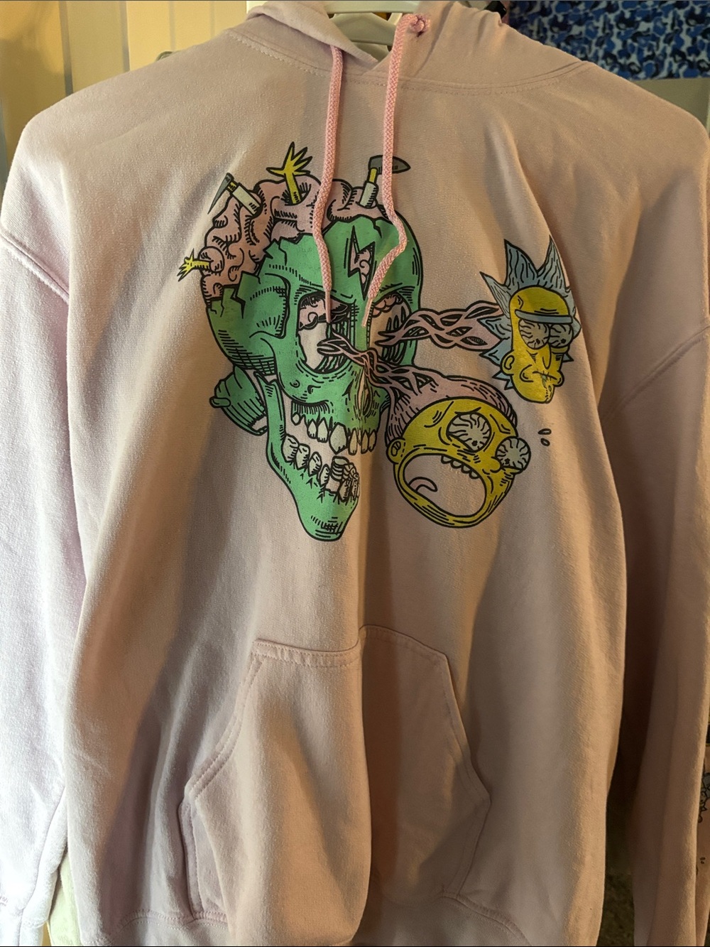 Rick and Morty Men's Pink Graphic Hoodie Sweatshirt with Skull Art